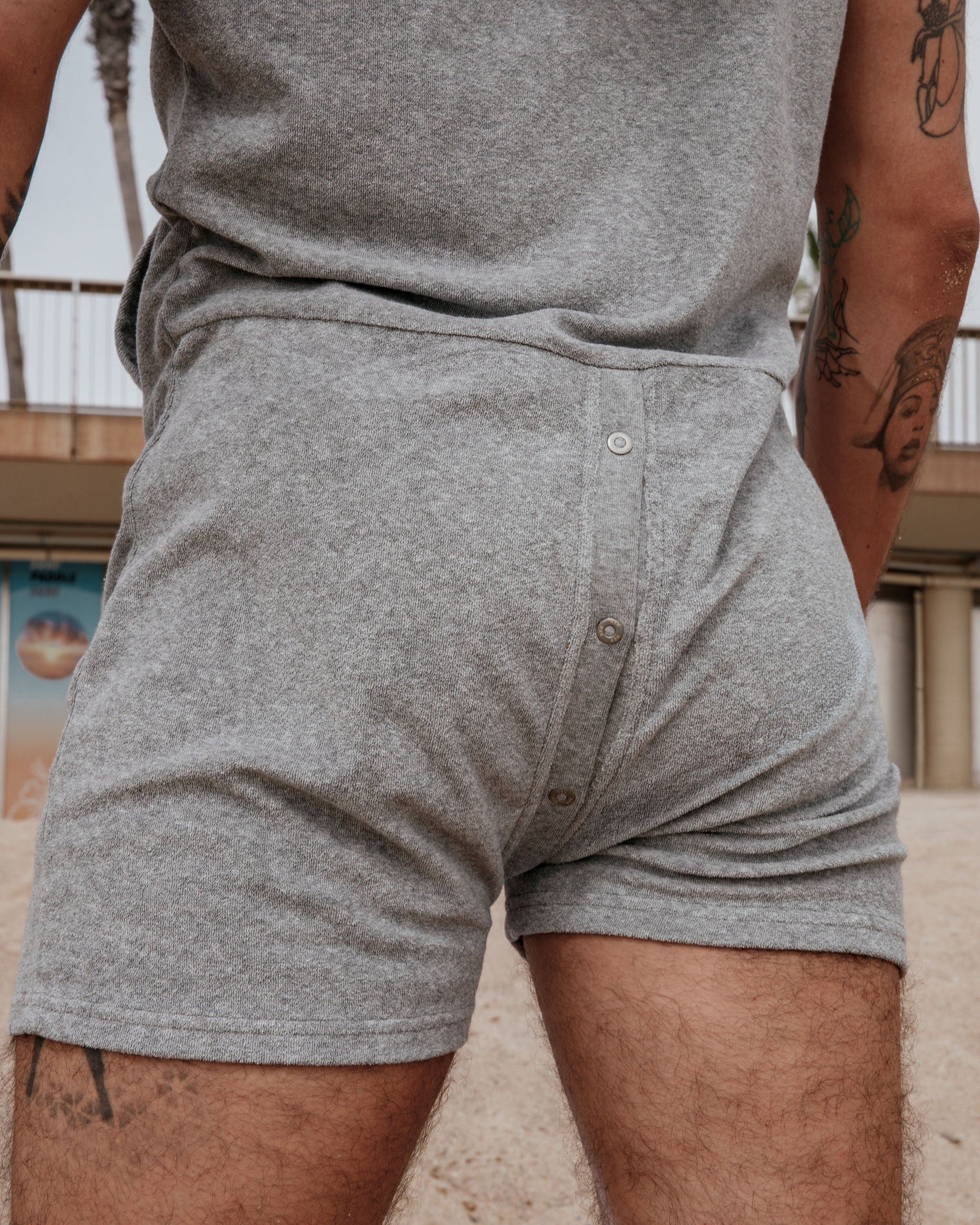 Short Sleeve Hooded Towelling Union Suit - Grey Marl - Image 3