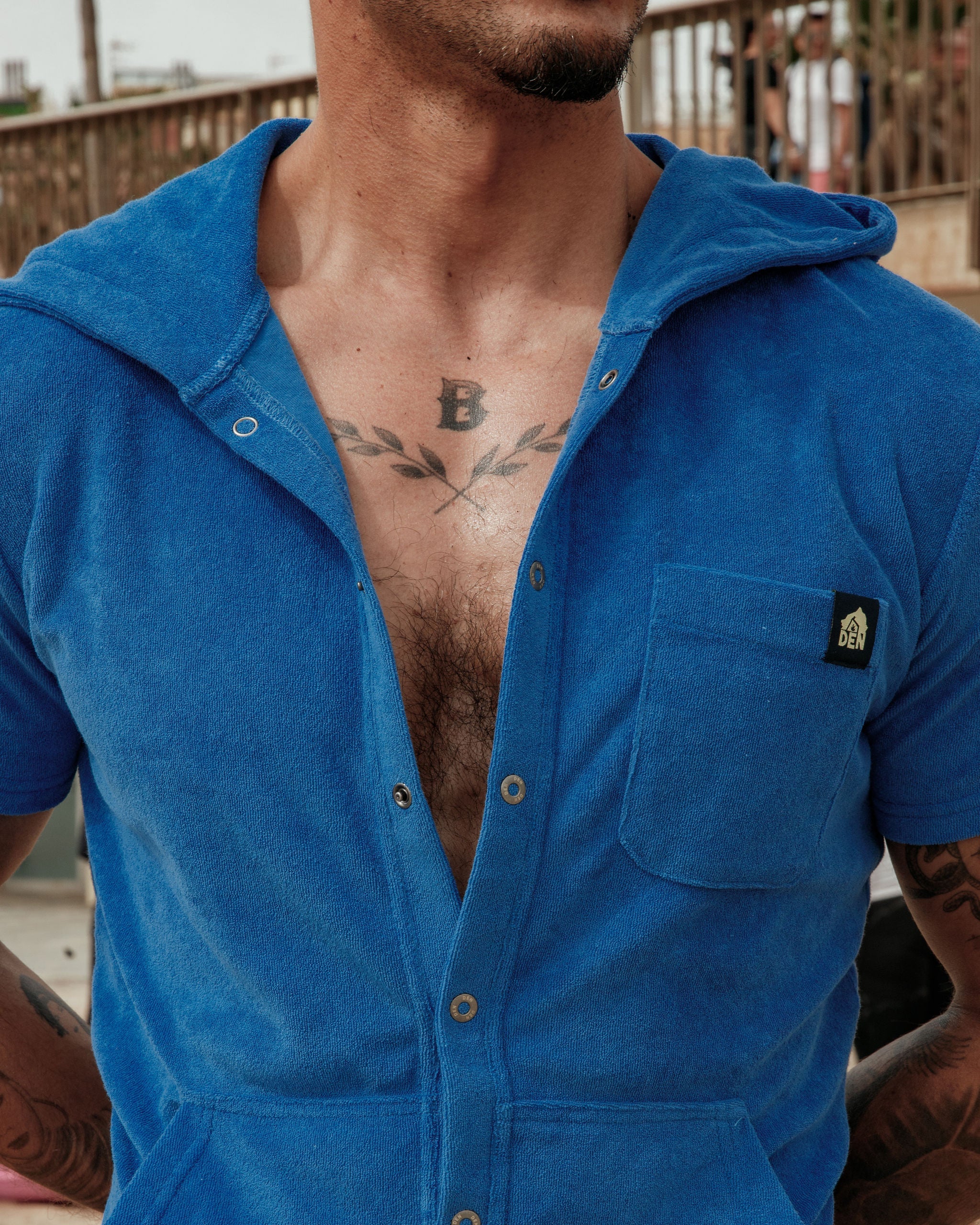 Short Sleeve Hooded Towelling Union Suit - Blue - Image 3